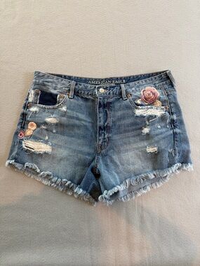 American Eagle Outfitters Blue Distressed Denim Shorts with Floral Embroidery